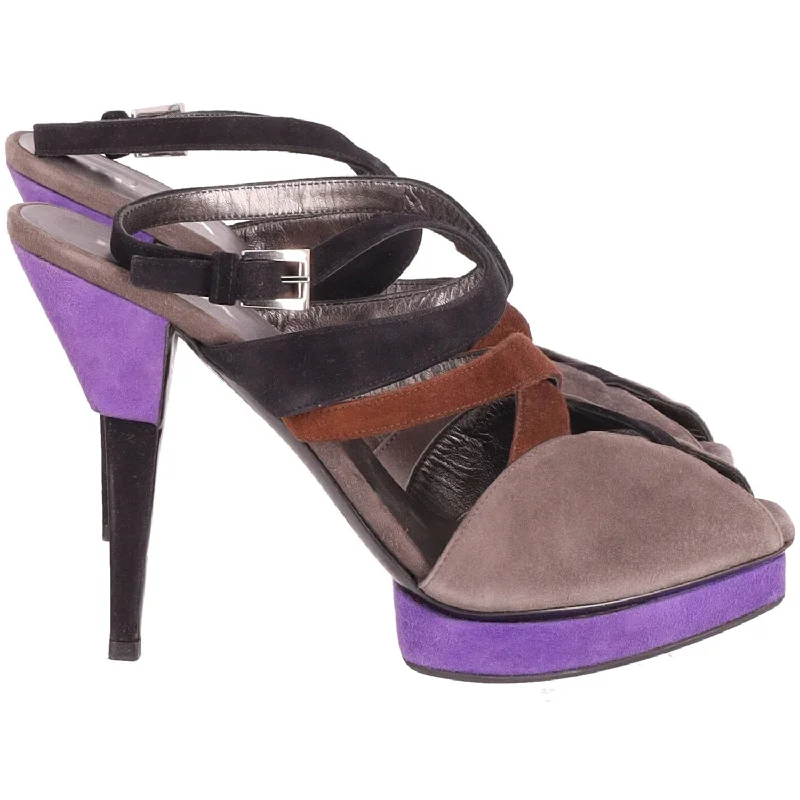 Women's mule - style stiletto heel pumps with a bow accentPrada Color Block Strappy High Heel Sandals in Multicolor Suede Women's mule - style stiletto heel pumps with a bow accentPrada Color Block Strappy High Heel Sandals in Multicolor Suede