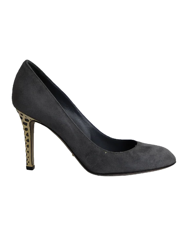 Women's ruffled stiletto heel pumps for a romantic styleSergio Rossi Gold Heel Pumps in Grey Suede Women's ruffled stiletto heel pumps for a romantic styleSergio Rossi Gold Heel Pumps in Grey Suede