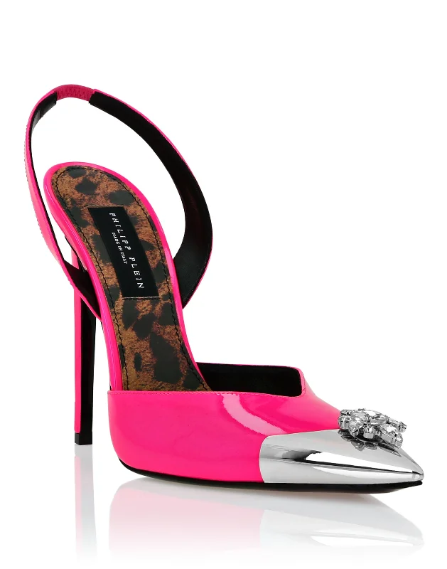 Women's mesh - paneled stiletto heel pumps for breathabilityPatent Leather Sling-backPumps Brooches Women's mesh - paneled stiletto heel pumps for breathabilityPatent Leather Sling-backPumps Brooches