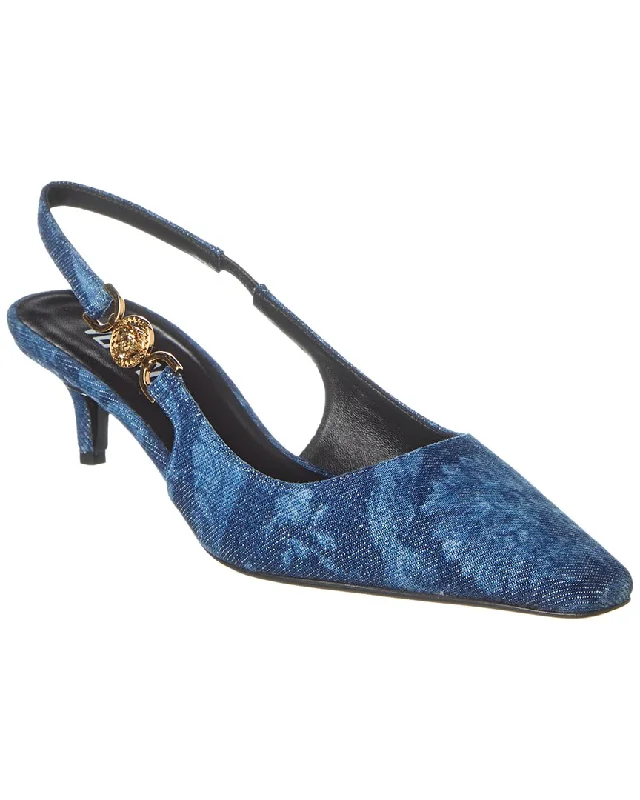 Women's patent leather stiletto heel pumps with a high - shine finishVersace Medusa Denim Slingback Pump Women's patent leather stiletto heel pumps with a high - shine finishVersace Medusa Denim Slingback Pump