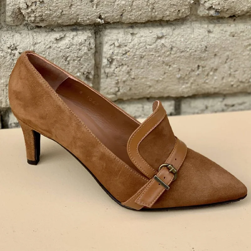 Women's date - night stiletto heel pumps with a sexy silhouetteSuede Buckle Pump In Tan Suede Women's date - night stiletto heel pumps with a sexy silhouetteSuede Buckle Pump In Tan Suede