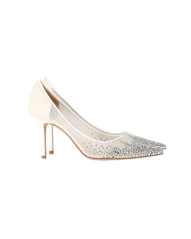 Women's wide - width stiletto heel pumps for a comfortable fitJimmy Choo Love 85 Crystal-Embellished Pumps in Cream Mesh Women's wide - width stiletto heel pumps for a comfortable fitJimmy Choo Love 85 Crystal-Embellished Pumps in Cream Mesh