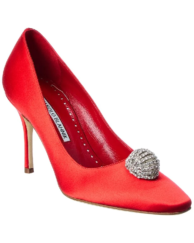 Women's patent leather stiletto heel pumps with a high - shine finishManolo Blahnik Elbolita 90 Satin Pump Women's patent leather stiletto heel pumps with a high - shine finishManolo Blahnik Elbolita 90 Satin Pump