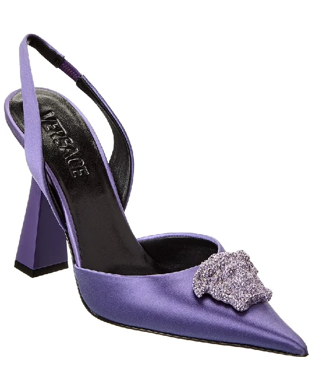 Women's mule - style stiletto heel pumps with a bow accentVersace La Medusa Satin Slingback Pump Women's mule - style stiletto heel pumps with a bow accentVersace La Medusa Satin Slingback Pump