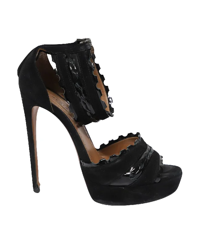 Women's mule - style stiletto heel pumps with a bow accentAlaia 140mm Ankle Strap Pumps in Black Suede Women's mule - style stiletto heel pumps with a bow accentAlaia 140mm Ankle Strap Pumps in Black Suede