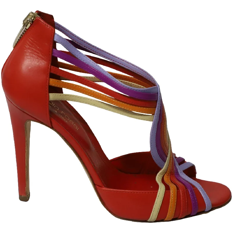 Women's patent leather stiletto heel pumps with a high - shine finishSergio Rossi Peep Toe Zip Back Heels in Multicolor Leather