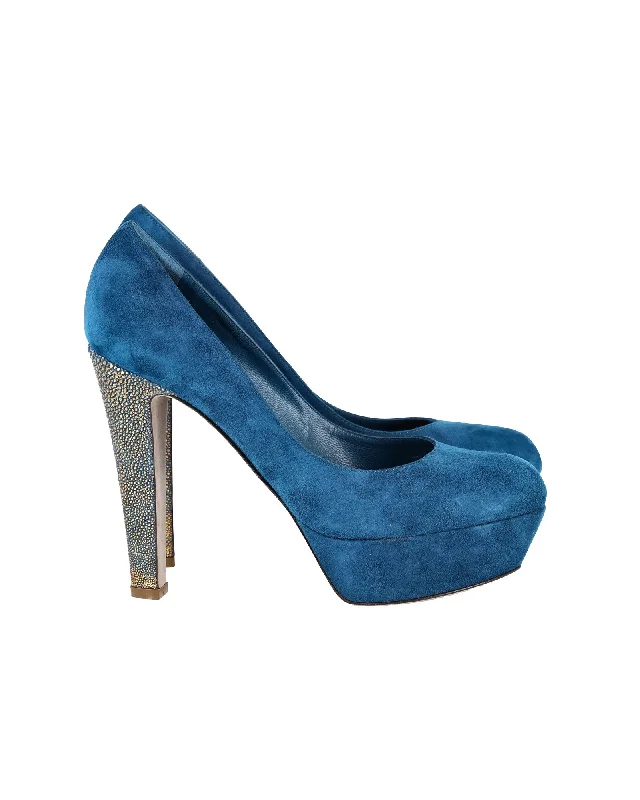 Women's lace - trimmed stiletto heel pumps with a scalloped edgeSergio Rossi Accent Heel Pumps in Blue Suede Women's lace - trimmed stiletto heel pumps with a scalloped edgeSergio Rossi Accent Heel Pumps in Blue Suede