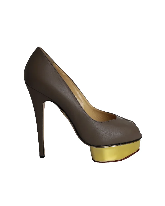 Women's genuine leather stiletto heel pumps with a soft finishCharlotte Olympia Peep-Toe Platform Pumps in Grey Leather Women's genuine leather stiletto heel pumps with a soft finishCharlotte Olympia Peep-Toe Platform Pumps in Grey Leather