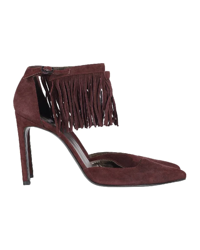 Women's brocade stiletto heel pumps with a vintage feelStuart Weitzman Fringelica Ankle Strap Heels in Burgundy Suede Women's brocade stiletto heel pumps with a vintage feelStuart Weitzman Fringelica Ankle Strap Heels in Burgundy Suede