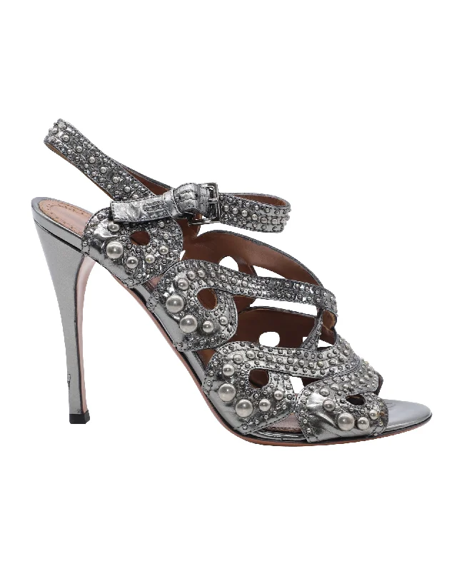 Women's pointed - toe slingback stiletto heel pumps in a peep - toe designAlaia Studded Strappy High Heels in Silver Leather Women's pointed - toe slingback stiletto heel pumps in a peep - toe designAlaia Studded Strappy High Heels in Silver Leather
