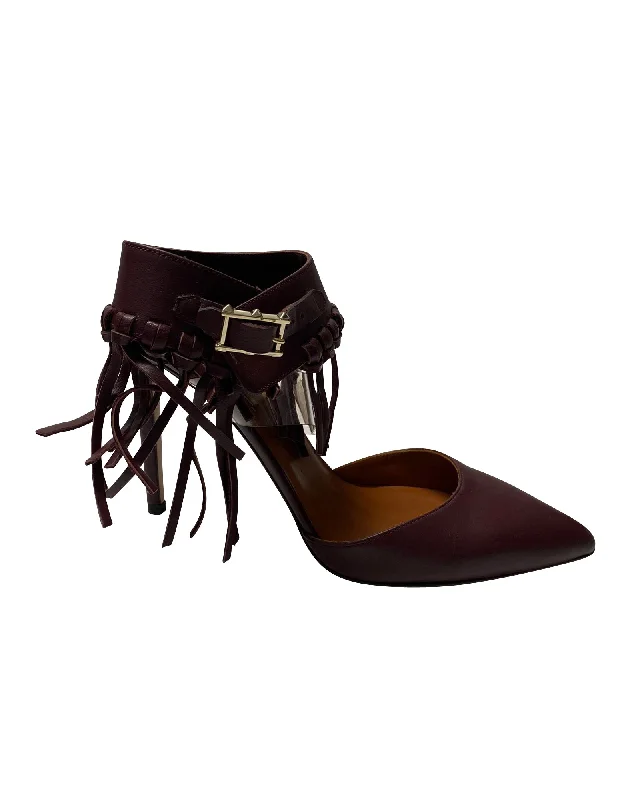 Women's tassel - adorned stiletto heel pumps for a bohemian touchValentino C-Rockee Fringe Ankle Strap Sandals in Burgundy Leather Women's tassel - adorned stiletto heel pumps for a bohemian touchValentino C-Rockee Fringe Ankle Strap Sandals in Burgundy Leather