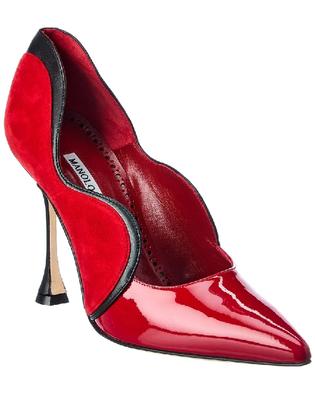 Women's cocktail party stiletto heel pumps with a unique patternManolo Blahnik Hamaki 105 Patent & Suede Pump Women's cocktail party stiletto heel pumps with a unique patternManolo Blahnik Hamaki 105 Patent & Suede Pump