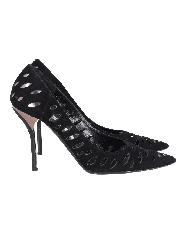 Women's ruffled stiletto heel pumps for a romantic styleJimmy Choo Lasercut Romy Pumps Black Suede Women's ruffled stiletto heel pumps for a romantic styleJimmy Choo Lasercut Romy Pumps Black Suede