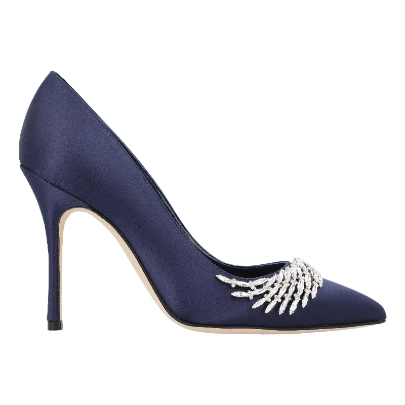 Women's mule - style stiletto heel pumps with a bow accentManolo Blahnik Pluma Fabio Satin 105 Pump Purple Women's mule - style stiletto heel pumps with a bow accentManolo Blahnik Pluma Fabio Satin 105 Pump Purple