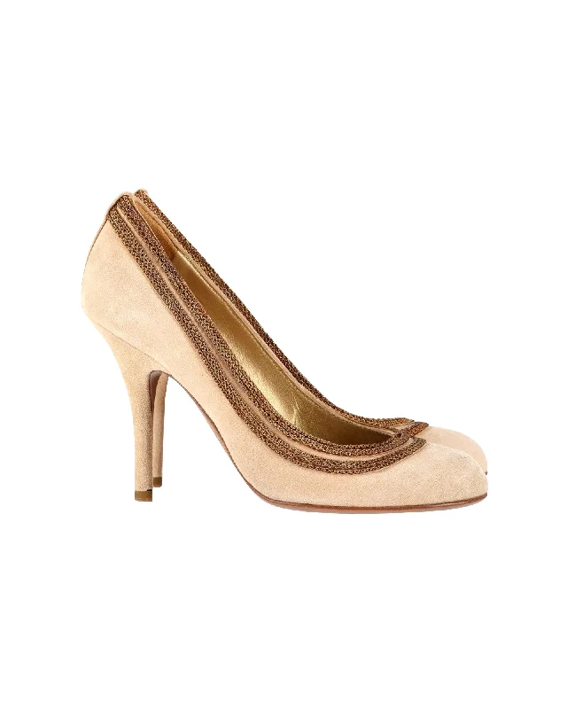 Women's strappy open - toe stiletto heel pumps with rhinestonesSergio Rossi Chain Detail Pumps in Beige Suede Women's strappy open - toe stiletto heel pumps with rhinestonesSergio Rossi Chain Detail Pumps in Beige Suede