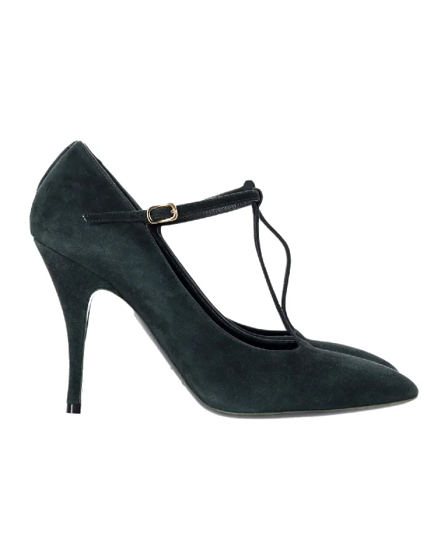 Women's platform stiletto heel pumps with a chunky soleRochas Green T-Strap Pumps in Green Suede Women's platform stiletto heel pumps with a chunky soleRochas Green T-Strap Pumps in Green Suede