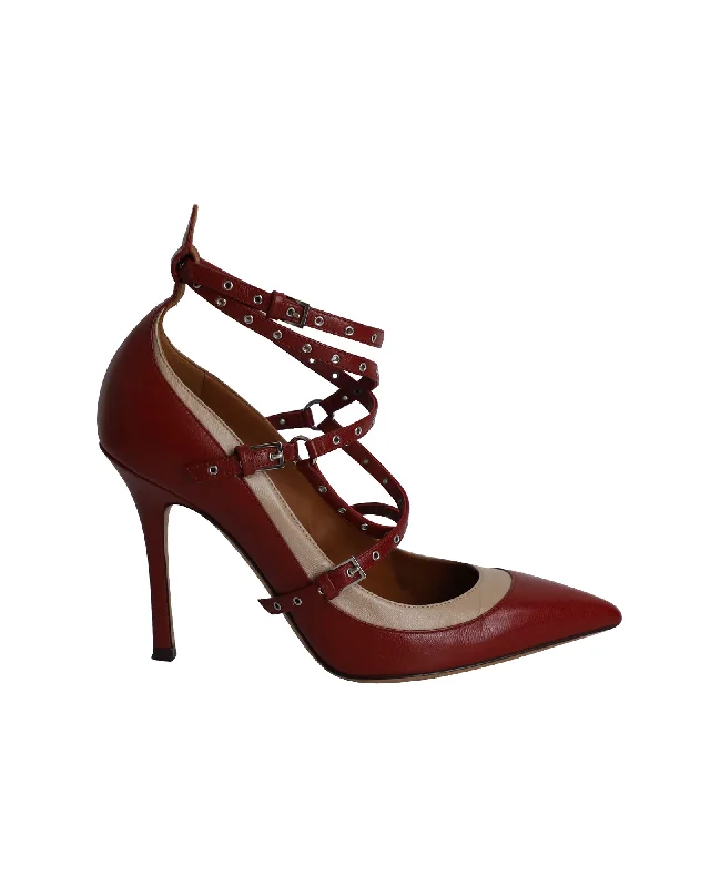 Women's pointed - toe slingback stiletto heel pumps in a peep - toe designValentino Two Tone Love Latch Detail Eyelet Embellished Pumps in Red Leather Women's pointed - toe slingback stiletto heel pumps in a peep - toe designValentino Two Tone Love Latch Detail Eyelet Embellished Pumps in Red Leather