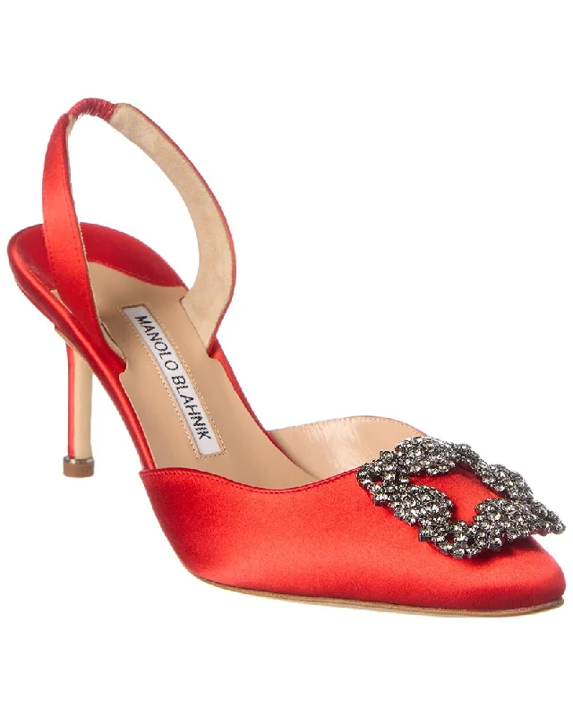 Women's prom stiletto heel pumps in a shimmery fabricManolo Blahnik Hangisli 70 Satin Slingback Pump Women's prom stiletto heel pumps in a shimmery fabricManolo Blahnik Hangisli 70 Satin Slingback Pump