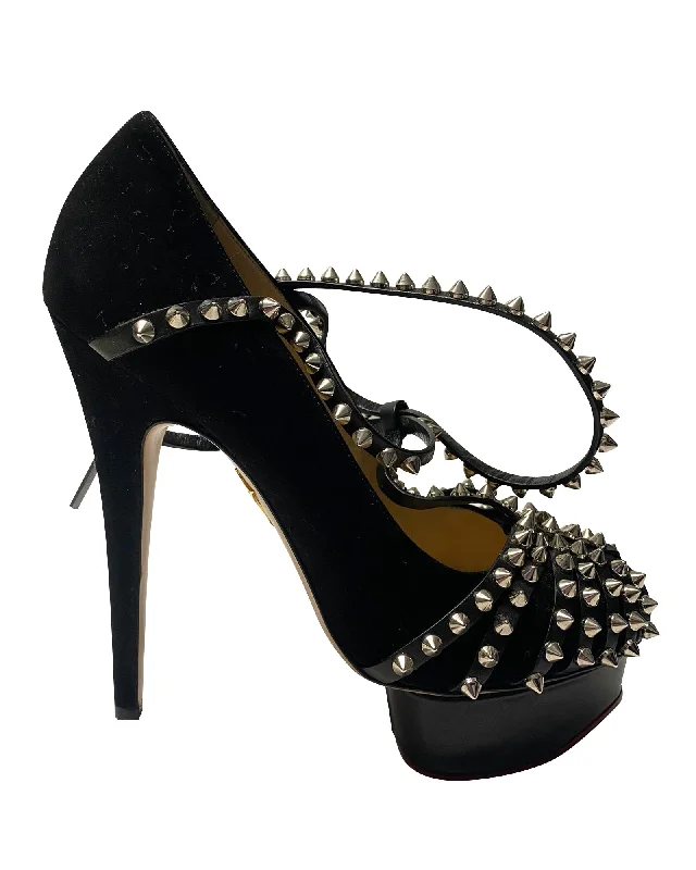 Women's holiday party stiletto heel pumps with a festive touchCharlotte Olympia Angry Portia Studded Platform Pumps in Black Suede Women's holiday party stiletto heel pumps with a festive touchCharlotte Olympia Angry Portia Studded Platform Pumps in Black Suede
