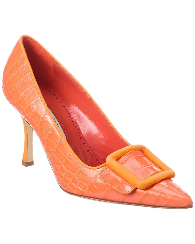 Women's holiday party stiletto heel pumps with a festive touchManolo Blahnik Maysale 90 Croc-Embossed Leather & Suede Pump Women's holiday party stiletto heel pumps with a festive touchManolo Blahnik Maysale 90 Croc-Embossed Leather & Suede Pump