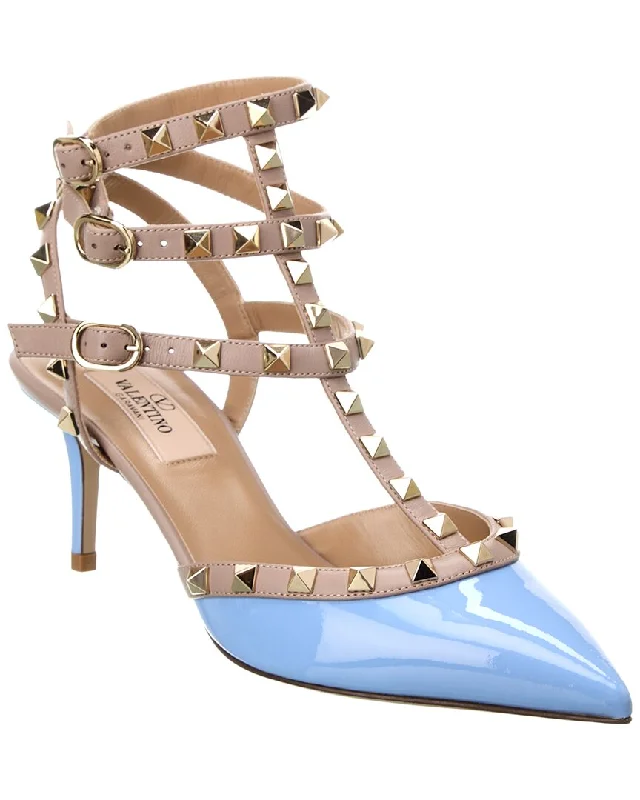 Women's charcoal gray stiletto heel pumps for a neutral yet stylish optionValentino Rockstud Caged 65 Patent Ankle Strap Pump Women's charcoal gray stiletto heel pumps for a neutral yet stylish optionValentino Rockstud Caged 65 Patent Ankle Strap Pump