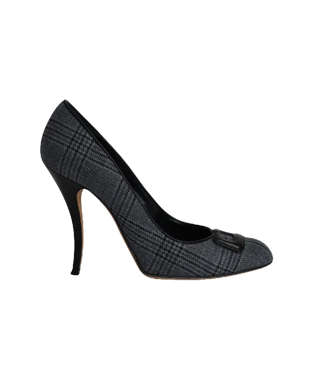 Women's evening gala stiletto heel pumps in a long - lasting colorManolo Blahnik Buckled Plaid Pumps in Grey Cotton Women's evening gala stiletto heel pumps in a long - lasting colorManolo Blahnik Buckled Plaid Pumps in Grey Cotton