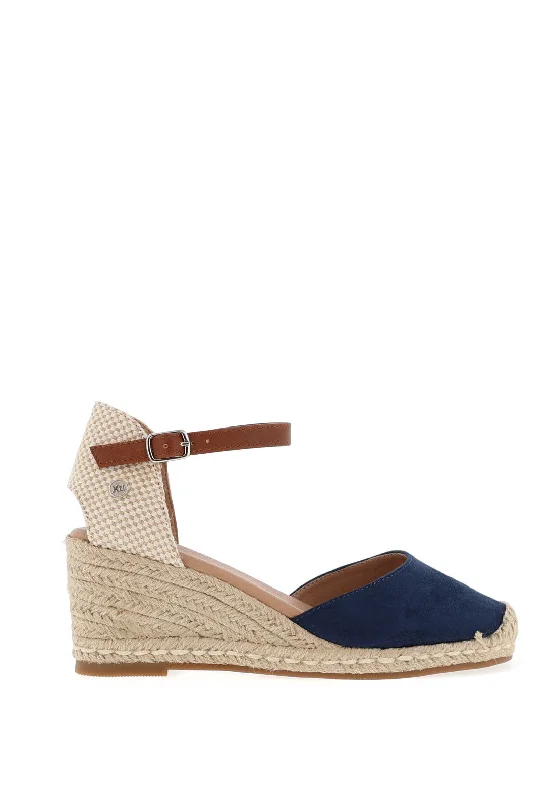 Women's Cork - Soled Espadrille Sandals with a Rope - Trimmed Upper in Navy for a Summer Vibe Women's Cork - Soled Espadrille Sandals with a Rope - Trimmed Upper in Navy for a Summer Vibe Women's Cork - Soled Espadrille Sandals with a Rope - Trimmed Upper in Navy for a Summer Vibe Xti Buckled Strap Wedged Shoes, Navy