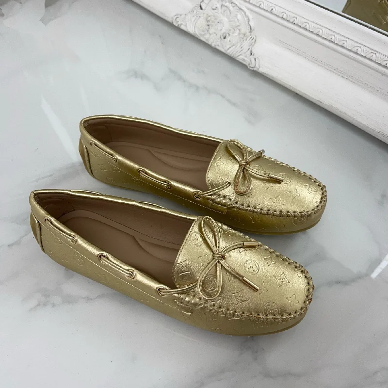 Women's Premium Leather Tassel Loafers in Dark Brown for a Classic Office Look Paige - Gold Embossed Driving Loafer Women's Premium Leather Tassel Loafers in Dark Brown for a Classic Office Look Paige - Gold Embossed Driving Loafer