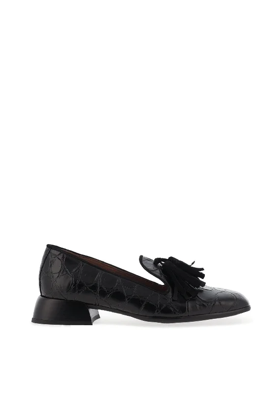 Women's Fur - Lined Loafers in Tan for a Cozy Winter Option Wonders Manolo Leather Reptile Print Heeled Loafer, Negro