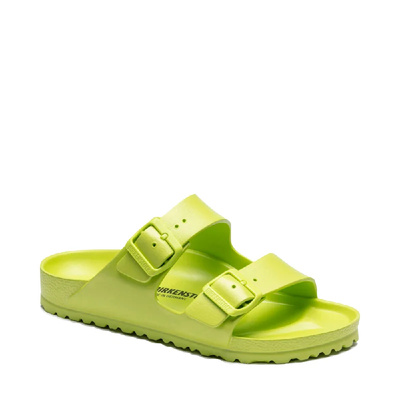 Women's Flat Slide Sandals with a Memory Foam Insole in White for All - Day Comfort Women's Flat Slide Sandals with a Memory Foam Insole in White for All - Day Comfort Women's Flat Slide Sandals with a Memory Foam Insole in White for All - Day Comfort Birkenstock Women's Arizona EVA Sandal in Active Lime