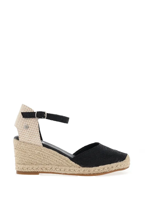 Women's Cork - Soled Espadrille Sandals with a Rope - Trimmed Upper in Navy for a Summer Vibe Women's Cork - Soled Espadrille Sandals with a Rope - Trimmed Upper in Navy for a Summer Vibe Women's Cork - Soled Espadrille Sandals with a Rope - Trimmed Upper in Navy for a Summer Vibe Xti Buckled Strap Metallic Wedged Shoes, Black