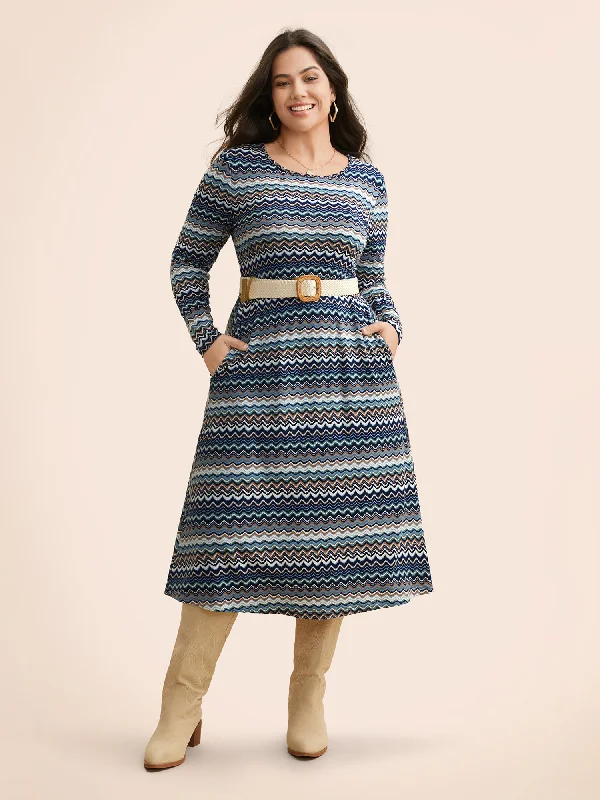 Contrast Striped Crew Neck Midi Knit Dress