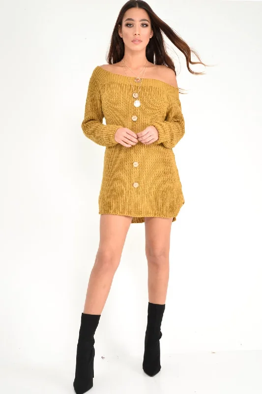 Mustard Bardot Button Front Chunky Knit Jumper Dress - Syanna