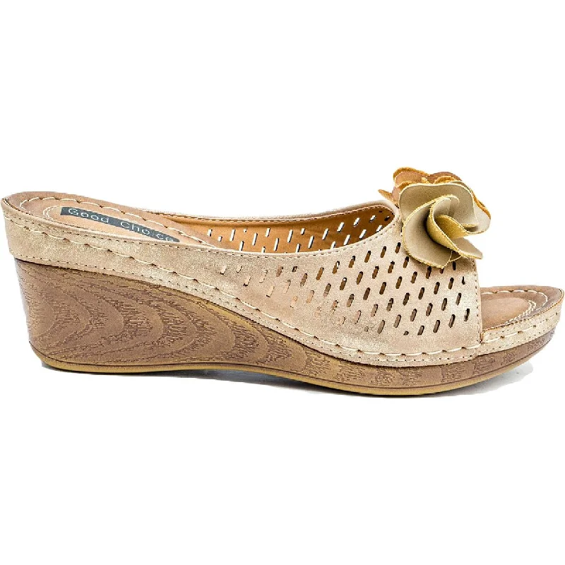 Women's Sandals with a Glitter - Coated Strap in Gold for a Sparkly Summer OutfitGood Choice Womens Juliet Faux-Leather Perforated Wedge Sandals Women's Sandals with a Glitter - Coated Strap in Gold for a Sparkly Summer OutfitGood Choice Womens Juliet Faux-Leather Perforated Wedge Sandals