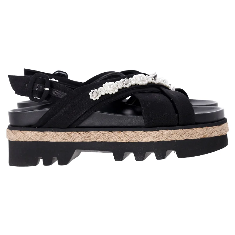 Women's Sandals with a Wedge Heel and a Tassel Detail in Orange for a Trendy LookSimone Rocha Pearl-Embellished Cross Strap Espadrille Platform Sandals in Black Leather Women's Sandals with a Wedge Heel and a Tassel Detail in Orange for a Trendy LookSimone Rocha Pearl-Embellished Cross Strap Espadrille Platform Sandals in Black Leather