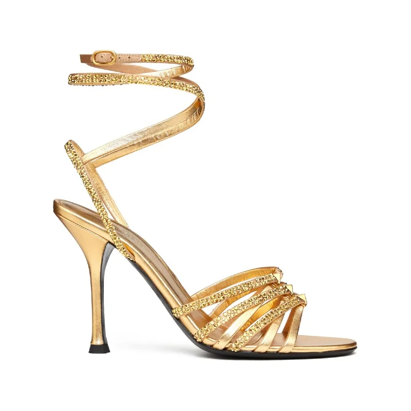 Women's Sandals with a Wedge Heel and a Tassel Detail in Orange for a Trendy LookValentino Garavani Rockstud Strappy Gold Heeled Sandals In Nappa Leather Women's Sandals with a Wedge Heel and a Tassel Detail in Orange for a Trendy LookValentino Garavani Rockstud Strappy Gold Heeled Sandals In Nappa Leather