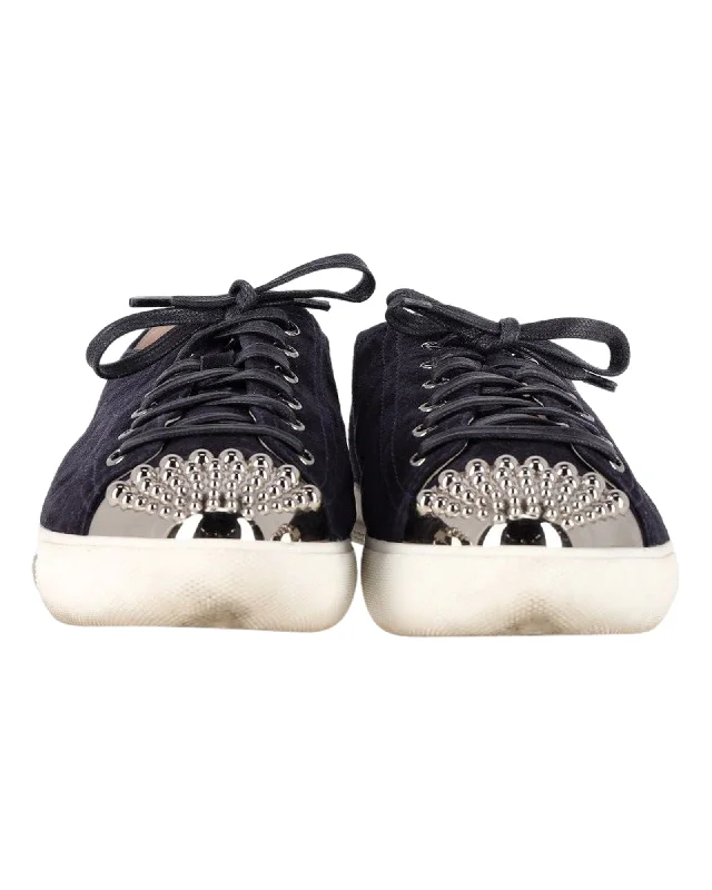 Women's Sneakers with Memory Foam Insoles for Exceptional Cushioning and ComfortMiu Miu Studded Cap Toe Sneakers in Navy Blue Suede Women's Sneakers with Memory Foam Insoles for Exceptional Cushioning and ComfortMiu Miu Studded Cap Toe Sneakers in Navy Blue Suede