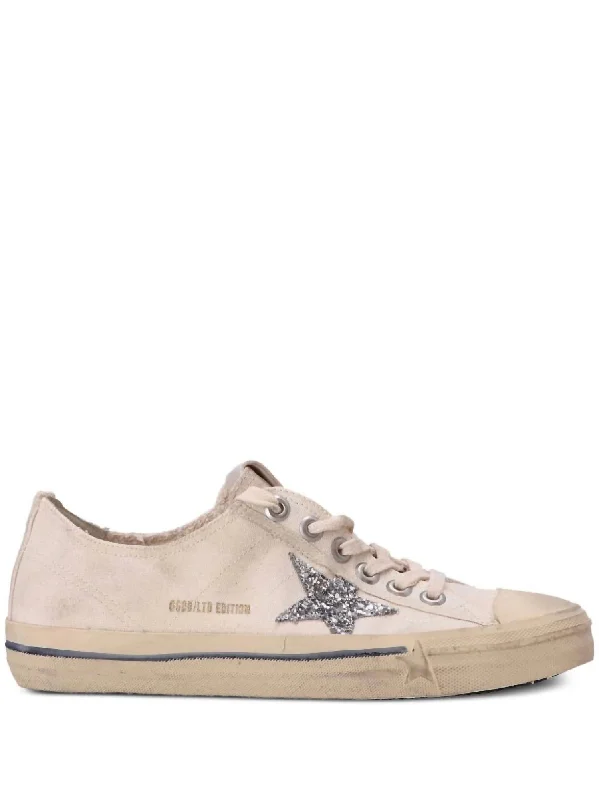 High - Top Women's Leather Sneakers in Black for a Stylish and Durable OptionWomen's V-Star Sneakers In Beige Canvas With Silver Glitter Star